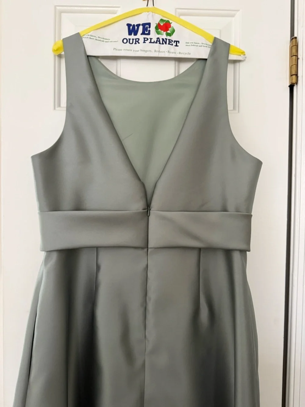 Alfred Sung Sleeveless Sage Green A-Line Dress with Waist Tie - Bridesmaid Dress - Picture 3 of 6
